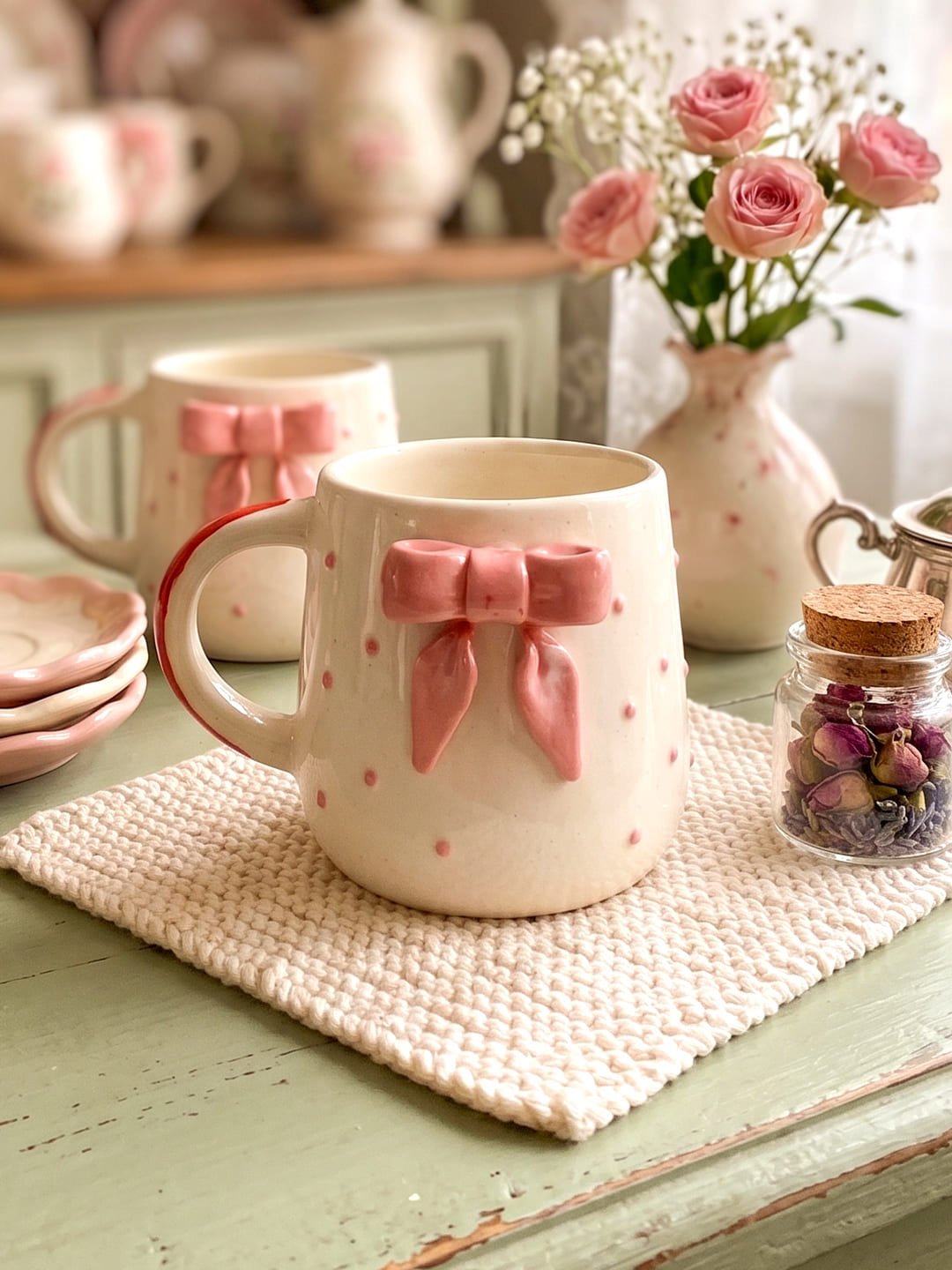 Cute Pink Bow Ceramic Aesthetic Mug