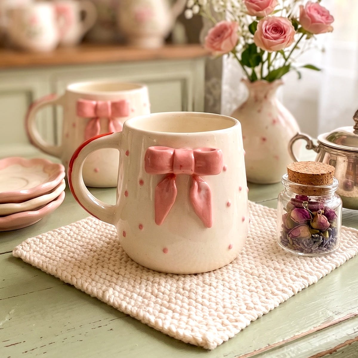 Pink Bow Ceramic Aesthetic Mug