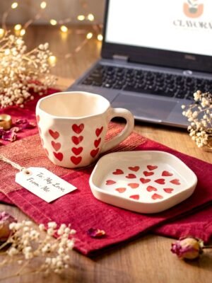 Heart Print Ceramic Cup and Plate