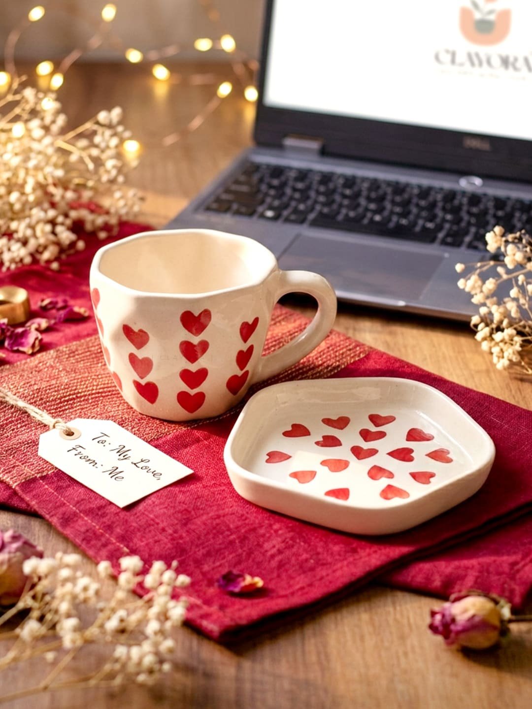 Heart Print Ceramic Cup and Plate